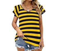 Bee Yellow Black Stripes Women's Casual Tunic Tops Ruffle Short Sleeve T-Shirts V Neck Blouse Tee