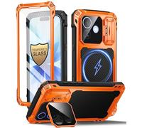 Beeasy for Heavy Duty iPhone 17 Case with Screen Protector [9H Tempered Glass], 17 Case with Built-in Camera Cover & Stand, Compatible with Magsafe, Metal Aluminum Rugged Phone Cases, Orange