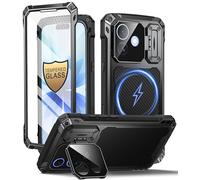Beeasy Heavy Duty Military Grade Shockproof Case for iPhone 17 (6.3 inch), Built-in 9H Screen & Camera Lens Protector with Stand, Compatible Magsafe Aluminium Armor Bumper Cover,Black