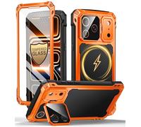 Beeasy Heavy Duty Military Grade Shockproof Case for iPhone 17 Pro Max (6.9 inch), Built-in 9H Screen & Camera Lens Protector with Stand, Compatible Magsafe Aluminium Armor Bumper Cover,Orange