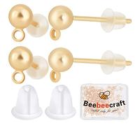 Beebeecraft 1 Box 100Pcs 18K Gold Plated Brass Ball Stud Earring Findings with 100Pcs Plastic Ear Nuts for Women Jewellery Making