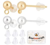 Beebeecraft 1 Box 100Pcs 2 Colors Ball Stud Earring Findings Stainless Steel Golden & Silver Stud Earring Posts Finding Kit with Loop and 100Pcs Plastic Ear Nuts for Women Jewellery Making