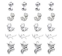 Beebeecraft 1 Box 100Pcs 5 Style Silver Fox Charms Tibetan Silver Metal Animal Jewelry Making Pendants Bulk for Bracelet Necklace Pendant