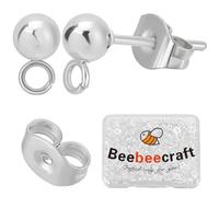Beebeecraft 1 Box 100Pcs Ball Stud Earring Findings 925 Sterling Silver Plated 304 Stainless Steel Silver Round Post with Loop for Dangle Earring Jewelry Making DIY