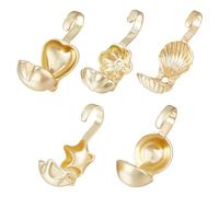 Beebeecraft 1 Box 100Pcs Bead Tips 14K Gold Plated Brass 5 Style Open Bead Tips Knot Cover Tiny Clamshell Fold-Over Culotte Ends Caps for Knots & Crimp Findings Jewelry Making, 4.5mm Inner Dia