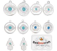 Beebeecraft 1 Box 10Pcs 5 Style Rhinestone Evil Eye Charms 304 Stainless Steel Evil Eye Hamsa Hand Charm Flat Round Lucky Eye Charm for jewellery Making (Silver)