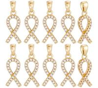 Beebeecraft 1 Box 10Pcs Awareness Ribbon Charms 18K Gold Plated Brass Cubic Zirconia Cancer Hope Charm for Jewelry Making Bracelets Necklaces