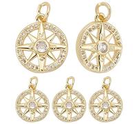 Beebeecraft 1 Box 10Pcs Compass Charms Micro Pave Cubic Zirconia Crystal Stone Golden Flat Round Pendants for DIY Jewelry Making Findings