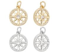 Beebeecraft 1 Box 10Pcs Compass Pendant Charms 18K Gold Plated Brass 925 Sterling Silver Round Tibet Style Nautical Charms with Cubic Zirconia Jump Ring for Jewelry Making Bracelets Necklace Crafts
