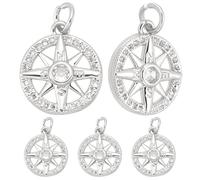 Beebeecraft 1 Box 10Pcs Compass Pendant Charms Real 925 Sterling Silver Plated Round Tibet Style Nautical Charms with Cubic Zirconia Jump Ring for Jewelry Making Bracelets Necklace Diy Crafts