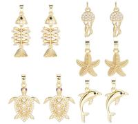 Beebeecraft 1 Box 10Pcs Cubic Zirconia Sea Animal Charm 18K Gold Plate Brass Turtle Fish Starfish Dolphin Jellyfish Ocean Animal Charm for Summer Theme DIY Jewelry Making