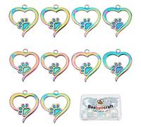 Beebeecraft 1 Box 10Pcs Dog Paw Charms Stainless Steel Rainbow Color Heart with Dog Footprint Charms for DIY Jewelry Making Necklace Bracelet Keychain