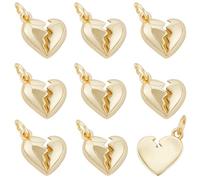 Beebeecraft 1 Box 10Pcs Gold Heart Charms 18K Gold Plated Brass Broken Heart Pendants Charms with Jump Ring for DIY Necklaces Bracelets Earrings Jewelry Findings Making