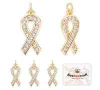 Beebeecraft 1 Box 10Pcs Ribbon Awareness Charms 18K Gold Plated Breast Cancer Hope Charm Pendants with Cubic Zirconia and Jump Rings Earring Bracelet Necklace Jewellery Making