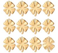 Beebeecraft 1 Box 12Pcs 14K Gold Plated Clover Charms St. Patrick's Day Shamrock 304 Stainless Steel Four Leaf Clover Charms for Jewelry Making DIY Crafts Pendants Necklaces Bracelets Earrings Gifts
