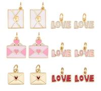 Beebeecraft 1 Box 12Pcs Love Theme Enamel Charms 18K Gold Plated Brass 3 Styles Pink Red Word Love Envelope pendants charms for Valentine's Day DIY Jewellery Bracelet Necklace Earring Craft