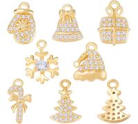 Beebeecraft 1 Box 14Pcs Christmas Pendant Charms 18K Gold Plated Brass Charm Mixed Vintage Cubic Zirconia Snowflake Tree Bell Charms for Jewelry Making Necklace Bracelet Christmas Ornaments DIY Crafts
