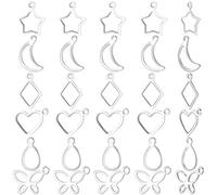 Beebeecraft 1 Box 150Pcs Hollow Frame Pendants 304 Stainless Steel Heart/Rhombus/Moon/Teardrop/Star/Butterfly Open Charms for DIY UV Resin Casting Jewelry Making