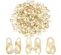 Beebeecraft 1 Box 150Pcs Open Bead Tips 14K Gold Plated Brass Clamshell Fold Over Crimp Bead Tips Knot Cover Calotte Ends for Jewelry Making Findings DIY Crafts