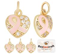 Beebeecraft 1 Box 15Pcs Heart Pink Ribbon Charms 18K Gold Plated Brass Breast Cancer Awareness Cubic Zirconia Pendants Charm with Jump Ring for DIY Jewelry Craft Making Supplies