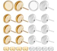 Beebeecraft 1 Box 2 Colors 60Pcs Cabochon Stud Earrings 18K Gold & Sterling Silver Plated Stainless Steel Round Cabochon Stud Earring Blanks with 6mm Tray 60Pcs Earring Backs for Earring Making