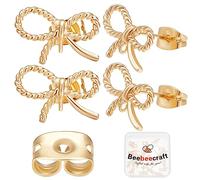 Beebeecraft 1 Box 20Pcs Bowknot Earring Stud Findings 18K Gold Plated Twist Rope Earring Posts with Loops Earring Component and 20Pcs Butterfly Earring Backs for Jewelry Making