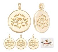 Beebeecraft 1 Box 20Pcs Lotus Flower Charms 18k Gold Plated Tibetan Style Flat Round Flower Pendant Beads for DIY Necklace Bracelet Earrings