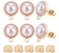 Beebeecraft 1 Box 20Pcs Pearl Stud Earring Findings 18K Gold Plated Brass Half Round Earring Posts with ABS Pearl and Loop for Jewelry Making Earrings DIY Craft
