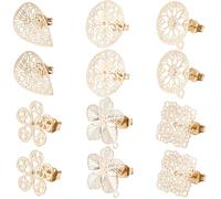 Beebeecraft 1 Box 24Pcs 6 Styles Stud Earring Finding 18K Gold Plated Golden Bohemian Square Flat Round Flower Drop Hollow Out Studs Earring with Ear Nuts for Jewellery Earring Making Supplies