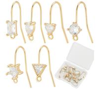 Beebeecraft 1 Box 24Pcs Cubic Zirconia Earring Hooks 18K Gold Plated Brass 6 Styles Fish Hooks Long Ear Wires with Loop for DIY Earring Jewelry Making 16.5~19mm