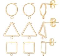 Beebeecraft 1 Box 24Pcs Geometry Stud Earring Finding 18K Gold Plated Brass Square & Triangle & Ring Posts Earring Findings for Jewelry Making DIY Crafts
