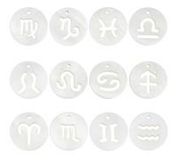 Beebeecraft 1 Box 24Pcs Natural Freshwater Shell 12 Constellation Charms 12mm Round Astrology Horoscope Charms Beads for Jewellery Making DIY Craft