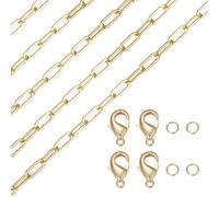 Beebeecraft 1 Box 2M 6.56 Feet Paperclip Chain Bracelet 18K Gold Plated Oval Chunky Link Necklace Chain with 10Pcs Lobster Claw Clasps 20Pcs Jump Rings for Jewellery Making