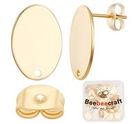 Beebeecraft 1 Box 30Pcs Stud Earring Findings 24K Gold Plated Oval Stud Earring Stud with Hole and 30Pcs Ear Nuts for Anniversary Mother's Day Birthday DIY Earrings Jewelry Making