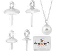 Beebeecraft 1 Box 4 Sizes 24Pcs Eye Pins Bail Caps 925 Sterling Silver Cup Pearl Bail Pin Pendants for Half Drilled Beads DIY Jewelry Making (3/4/5/6mm)