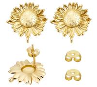 Beebeecraft 1 Box 4Pairs Stud Earring Finding 18K Gold Plated Brass Sunflower Earring Post with Loop for Summer Them DIY Jewelry Making