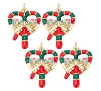 Beebeecraft 1 Box 4Pcs Christmas Charm 18K Gold Plated Brass Cubic Zirconia Red Crutch Charm Crystal Bowknot Charm for Christmas Eve DIY Craft Jewelry Making