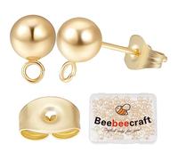 Beebeecraft 1 Box 50Pcs Ball Stud Earring Findings 24K Gold Plated Stud Earring Post with Loops Ball Ear Pin Component 9x6mm for Wedding Mother's Day Valentine's Day DIY Earring Making…