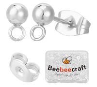 Beebeecraft 1 Box 50Pcs Ball Stud Earring Findings 6mm 925 Sterling Silver Plated 304 Stainless Steel Ball Post Earrings with Loop and 50Pcs Butterfly Ear Nuts for Diy Jewelry Making Findings