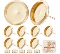 Beebeecraft 1 Box 50Pcs Earring Bezels Trays 18K Gold Plated Blanks Round Cabochon Prong Post Settings Stud Earring Findings with 12mm Tray and 50Pcs Ear Backs for Jewelry Making