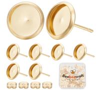 Beebeecraft 1 Box 50Pcs Post Stud Earring Findings 18K Gold Plated Round Prong Blank Earring Cabochon Settings with 8mm Tray and 50Pcs Ear Nuts for DIY Earrings Jewelry Making