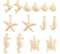 Beebeecraft 1 Box 56Pcs Real 24K Gold Plated Sea Animal Charms Summer Beach Marine Dolphin Seashell Starfish Sea Horse Turtle Ocean Charms for Jewelry Making Bracelet Necklace Earring Keychain Crafts