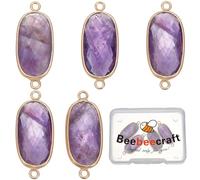 Beebeecraft 1 Box 5Pcs Natural Amethyst Links Connectors Flat Round Oval Gemstone Stone Charms Link Connector with Light Gold Plated Edge Brass Loops for Jewellery Craft Making