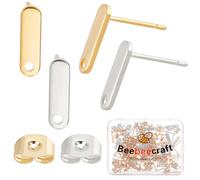 Beebeecraft 1 Box 60Pcs 2 Colors Stud Earring Findings with Loop 24K Gold Plated Stainless Steel Rectangle Earring Post Findings with 60Pcs Ear Nuts for Women Jewellery Making Diy Crafts