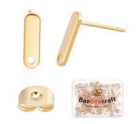Beebeecraft 1 Box 60Pcs 24K Gold Plated Rectangle Earring Findings Stainless Steel Ear Stud with Hole and Earring Backs for Mother's Day Women Girl Jewellery Making