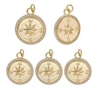 Beebeecraft 1 Box 6Pcs Compass Charms 18K Gold Plated Cubic Zirconia Round Coin North Star Ocean Sea Compass Charms for Jewelry Making Pendant Necklace DIY Crafts