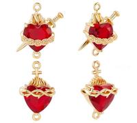 Beebeecraft 1 Box 6Pcs Cubic Zirconia Sacred Heart Charms 16K Gold Plated Brass 2 Styles Rose Heart with Sword Charms Links for Sacred Heart Theme Jewellery Making