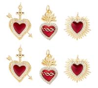 Beebeecraft 1 Box 6Pcs Gothic Heart Charm 18K Gold Plated Brass Cubic Zirconia Antique Red Sacred Heart Romantic Love Charms for Jewelry Making Halloween Pendants DIY Earring Crafts Findings