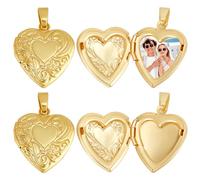 Beebeecraft 1 Box 6Pcs Heart Locket Frame Charms Real 18K Gold Plated Brass Openable Picture Charms for DIY Necklace Jewelry Making