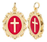 Beebeecraft 1 Box 6Pcs Oval Cross Charms 18K Gold Plated Enamel Red Cross Crucifix Charm for Jewelry Making Necklace Pendant DIY Crafts